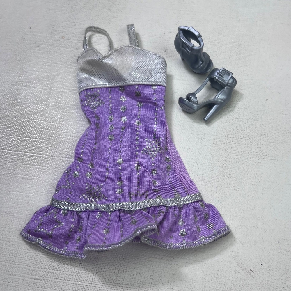 Mattel Barbie Purple Star Ruffle Dress and Silver Buckle Heel Shoes Outfit Set